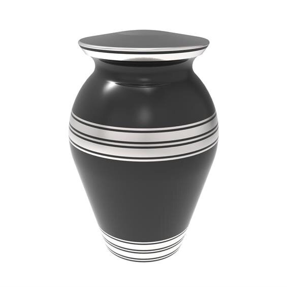 A decorative black urn features silver stripes, elegantly shaped, resting on a neutral backdrop.