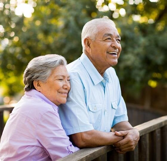 Elderly couple stands close together on a bridge, smiling joyfully while enjoying nature.
