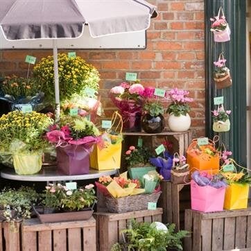 A woman in an apron stands by her flower shop's entrance, enjoying the sunny day.