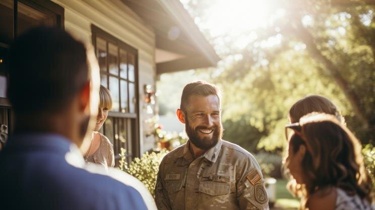 Group of friends laughing and chatting outside during a bright sunny day in a scenic location.