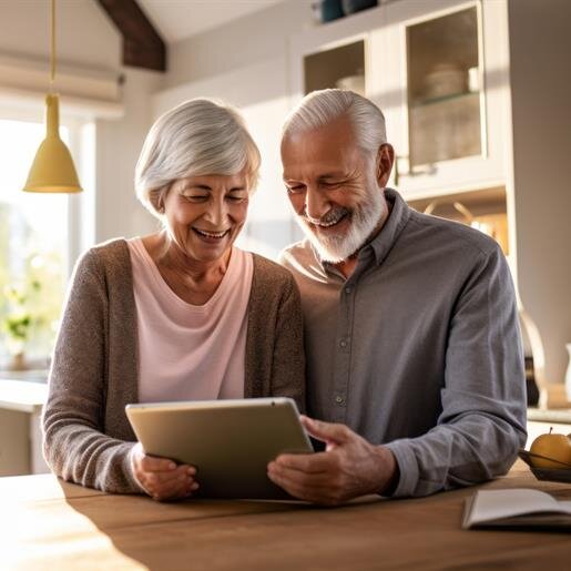A happy elderly couple smiles together while exploring a tablet in their cozy kitchen.