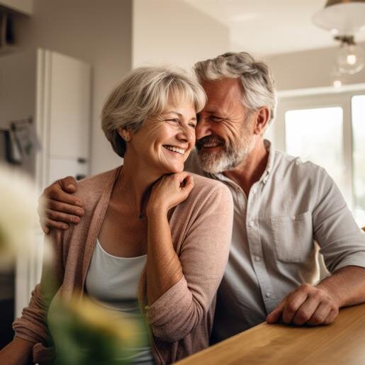 A joyful couple shares a tender moment in their bright kitchen, smiling and embracing each other.