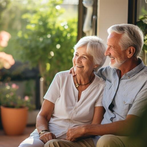 An elderly couple sits closely together, smiling and enjoying the warmth of the sun in a garden.