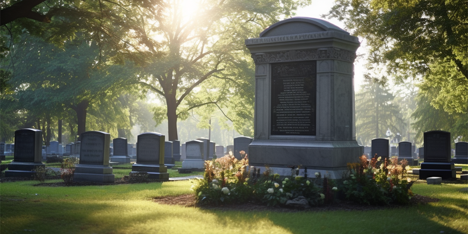 Sunlight shines through lush trees in a serene cemetery filled with gravestones and floral tributes.
