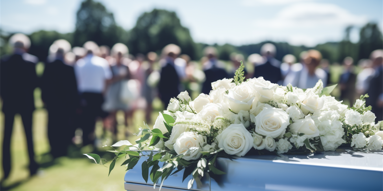 Family and friends come together for a memorial service in a scenic outdoor setting with flowers.