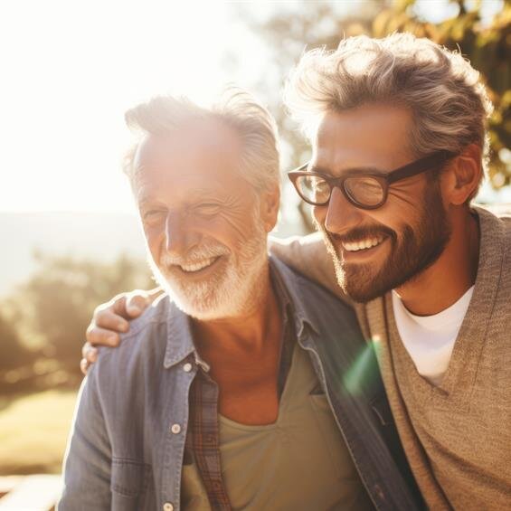 Two men are sharing a joyful moment with laughter, enjoying each other's company in nature.