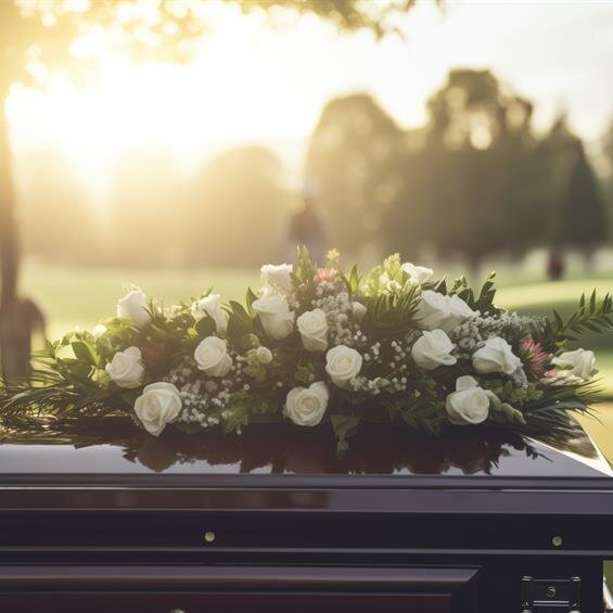 A floral arrangement decorates a casket in a peaceful outdoor setting during sunset.
