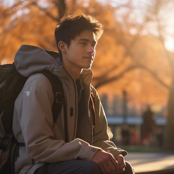 A young person sits peacefully on a bench in a park during autumn, surrounded by golden foliage.