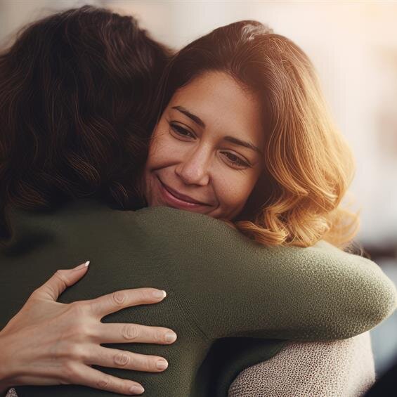 Close friends embrace warmly, sharing a touching moment filled with joy and affection.