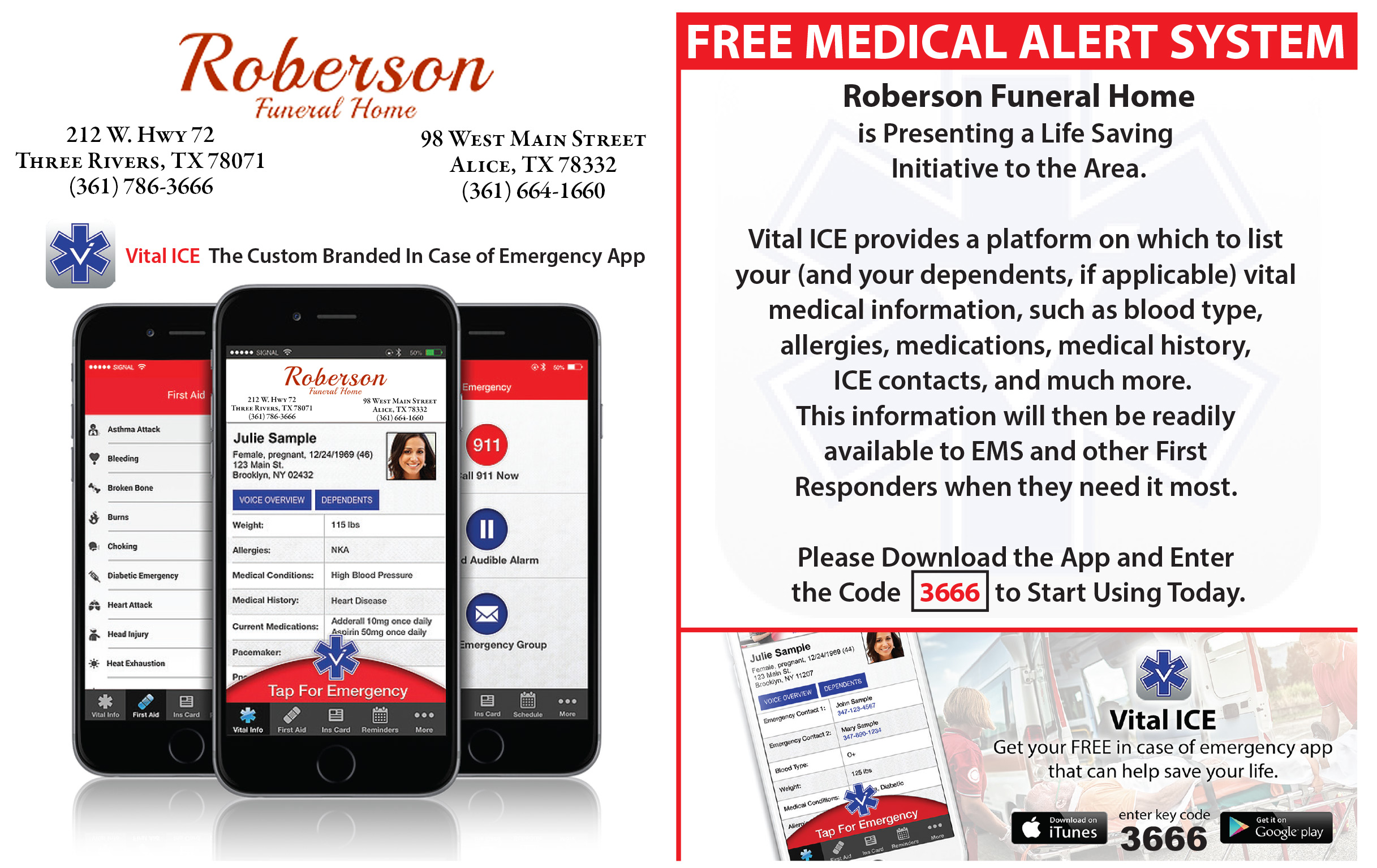 Graphic displaying VITAL ICE service logo with text 'Free Medical System. Roberson Funeral Home is Presenting a Life Sasving Intitiative to Reivers residents. Use code 3666 in the app for emergency help.'