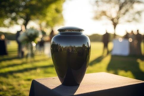 A gathering of people takes place outdoors at sunset, focusing on a decorative urn.