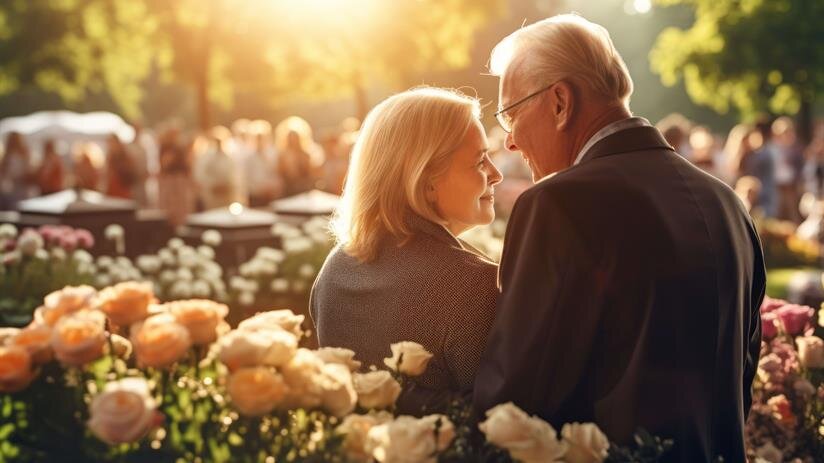 A couple leans in closely, surrounded by colorful flowers, enjoying a quiet moment during sunset.