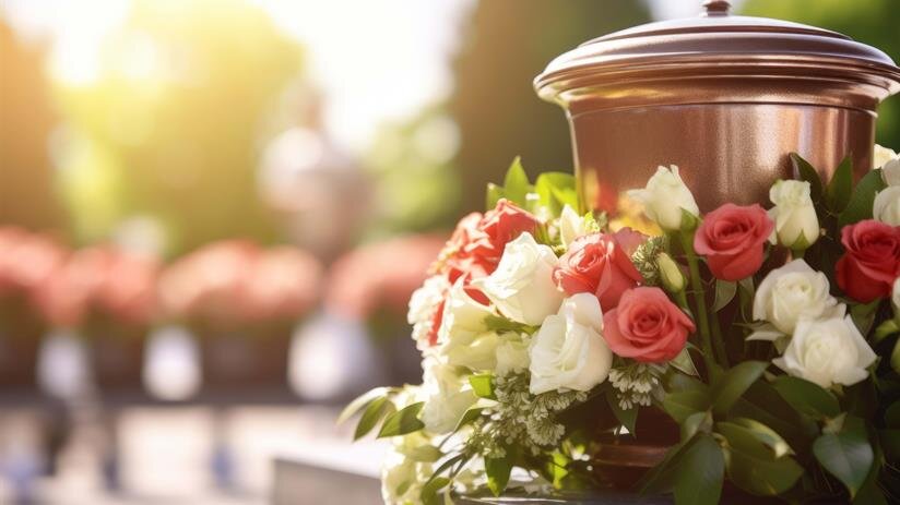 Flowers surround a pot as sunlight shines in a garden while people gather nearby.