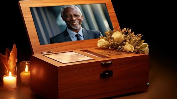 A wooden box holds a picture of a man, surrounded by flowers and lit candles for a memorial.