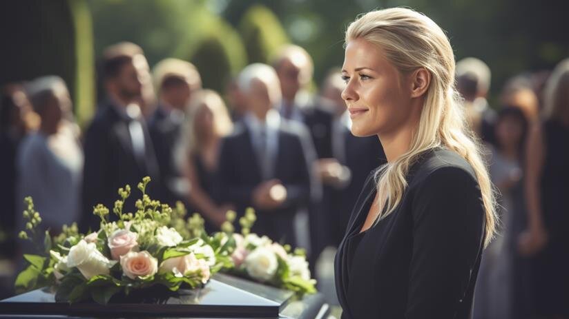 Group of people gathers for a funeral as a woman pays her respects with flowers.
