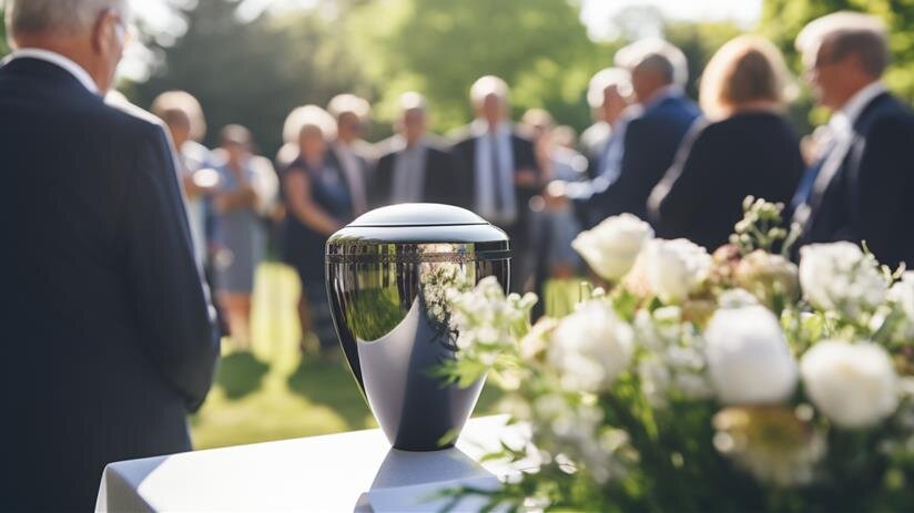 People gather in a park for a memorial service, standing near an urn and flowers on a table.
