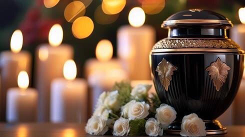 People honor a loved one by placing flowers near an urn surrounded by lit candles.