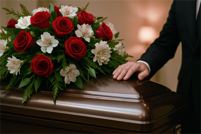 People stand by casket covered with flowers during a memorial service in a quiet room.
