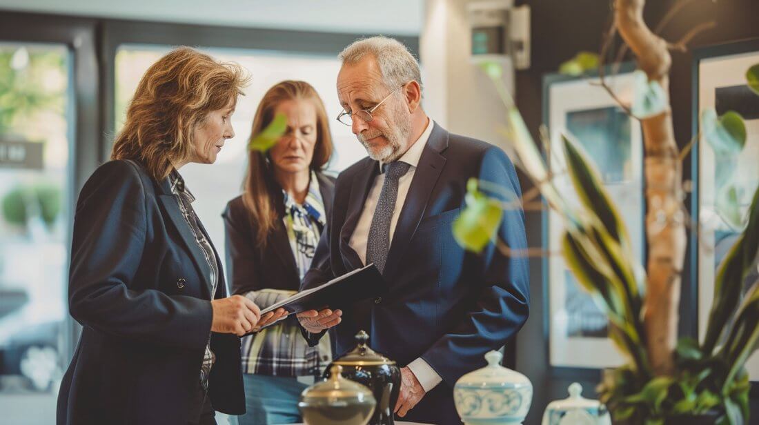 Funeral director reviewing urn options with family in a bright showroom for DeLand, FL cremation services. 