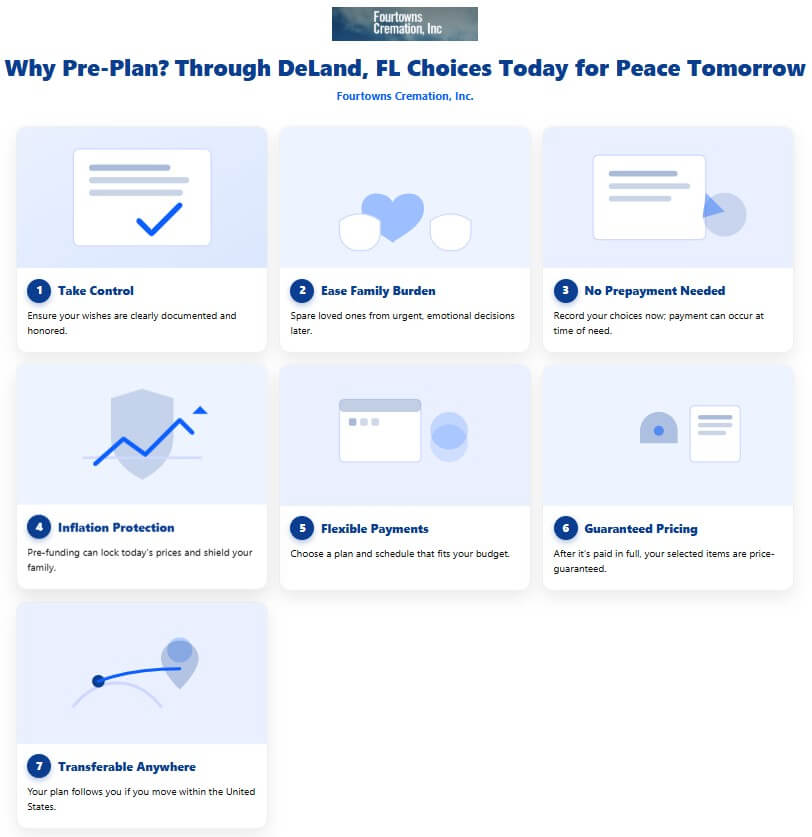 Infographic listing seven benefits and a four-step path to pre-plan DeLand, FL cremation services.