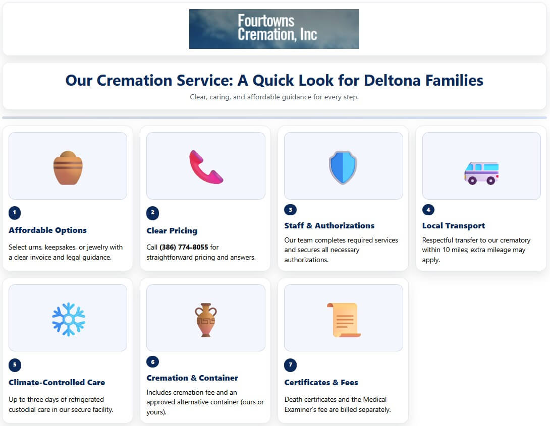 Infographic detailing Deltona, FL cremation services: pricing, authorizations, transport, climate-controlled care, urns, and fees.