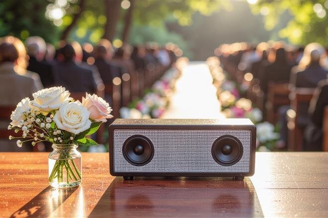 A crowd enjoys an outdoor event under the sun while a speaker sits on a table in front.