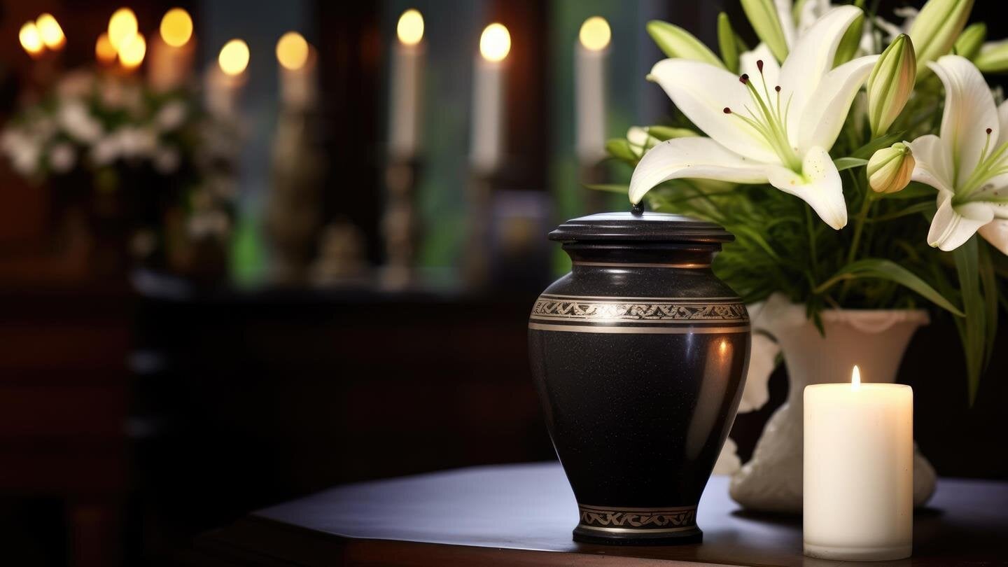 A vase holds white lilies and sits next to a candle on a table with blurred lights behind it.