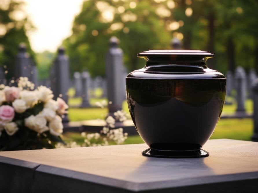 An urn is on a grave stone with flowers around it in a cemetery at sunset.