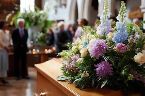 A close-up of flowers on a casket