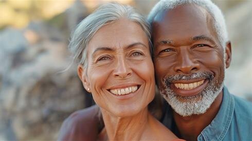 Two people smile together outdoors under a clear sky during a sunny day.