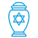 A blue line drawing of a urn