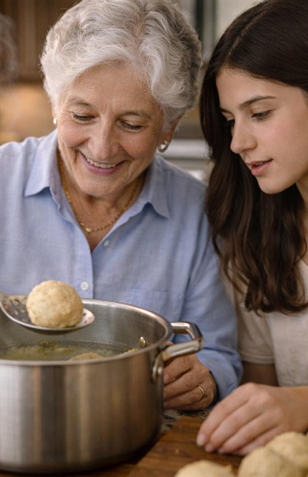 Two people are making food in the kitchen while sharing a family moment together.