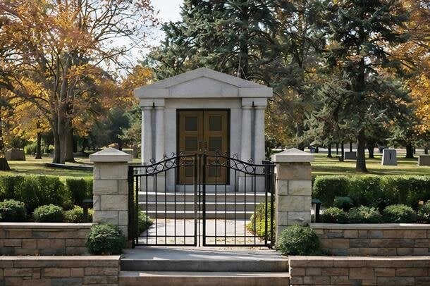 A gated entrance to a cemetery