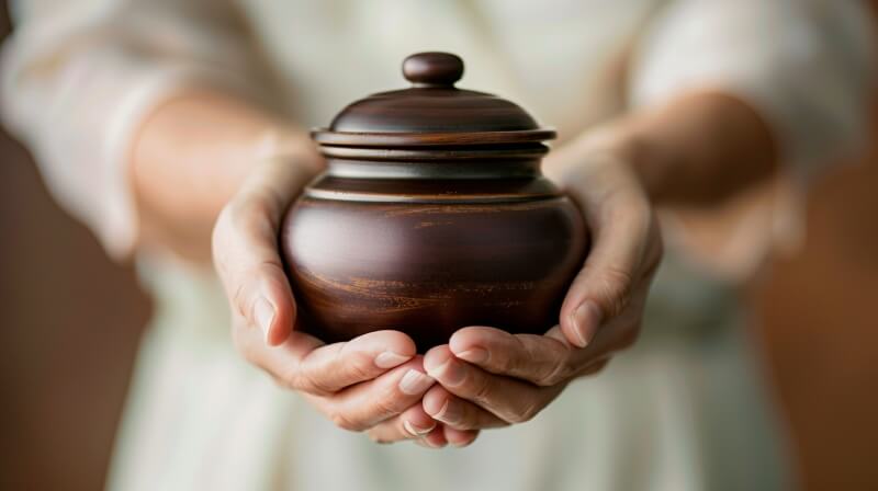 Hands gently holding a small wooden urn, symbolizing dignity and care provided through Orange City, FL cremation services.