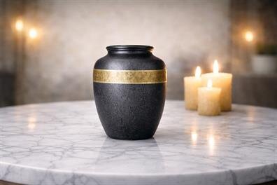 A black and gold vase on a marble table