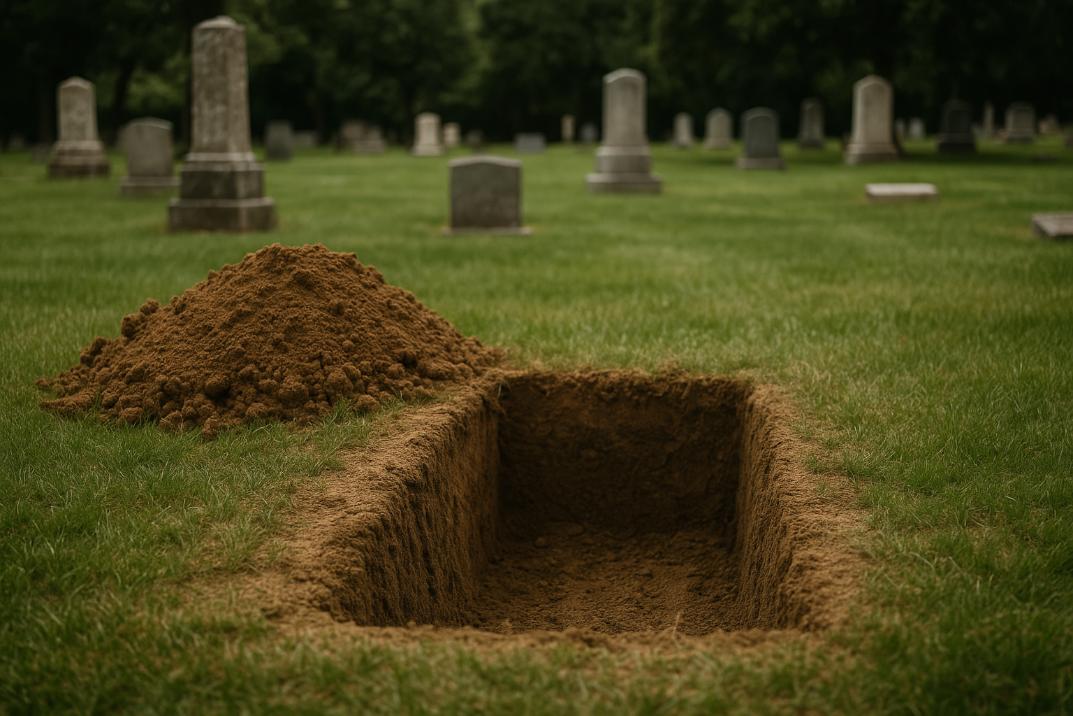 Freshly prepared burial plot in the peaceful grounds of Camas, WA cemeteries.
