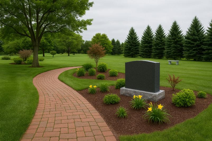 Headstone along a landscaped path in the peaceful grounds of Camas, WA cemeteries.