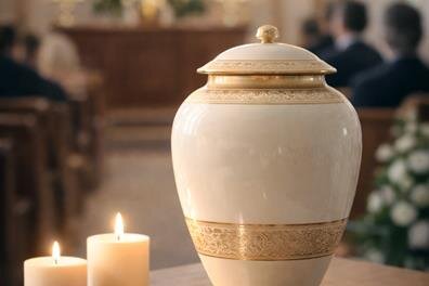 A urn and candles on a table