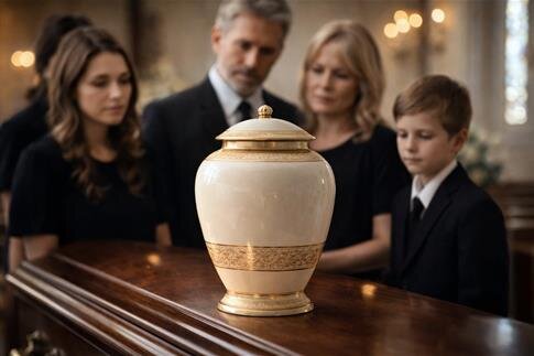 A group of people looking at a urn