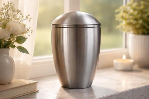 A silver container on a window sill