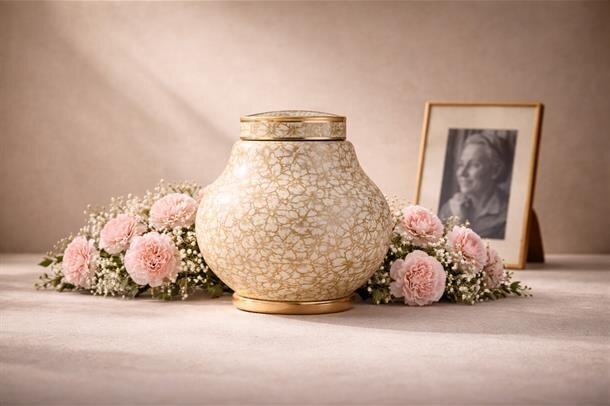 A urn with flowers and a picture frame