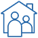 A black and white outline of a house with people inside
