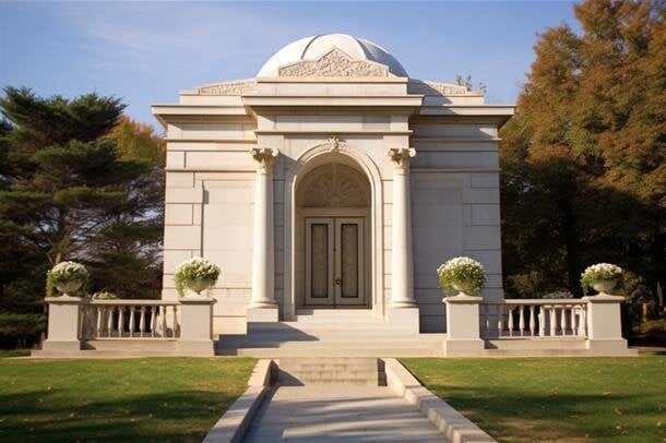 A white building with a dome and a stone walkway