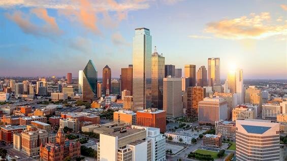 A city skyline with many tall buildings