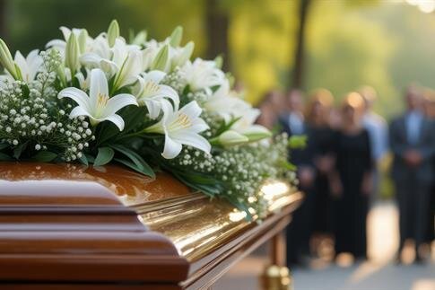 A close-up of a casket