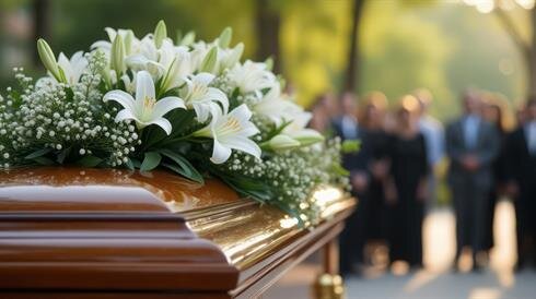 A close-up of a casket