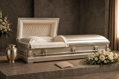 A casket with flowers on a stone surface