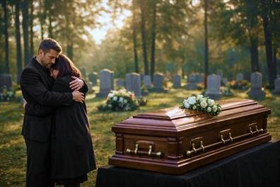 A man and woman hugging in a cemetery