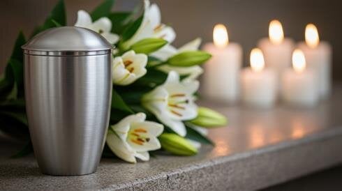 A silver urn next to a bouquet of flowers