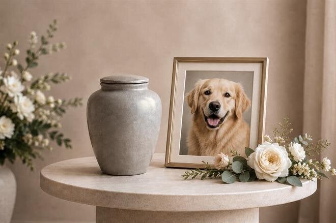 A urn with a picture of a dog on it